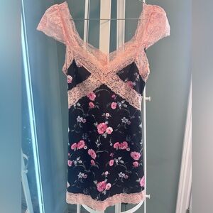 Current Mood Black Floral Slip Dress with Pink Lace Trim